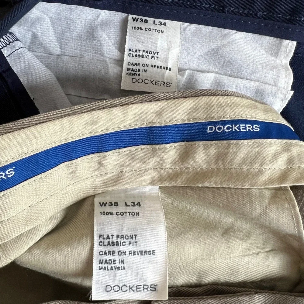 Dockers Chino Pants Flat Front Classic Fit Men Size 38x34 Navy Khaki Bundle (2)